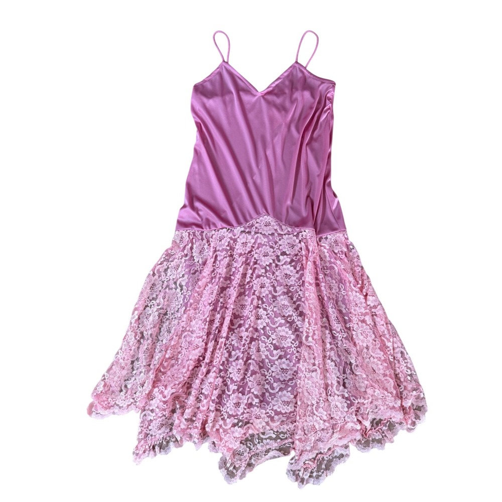 JCPenney Vintage 70s Satin Lace Slip Dress Maxi Nightgown Romantic Large Pink